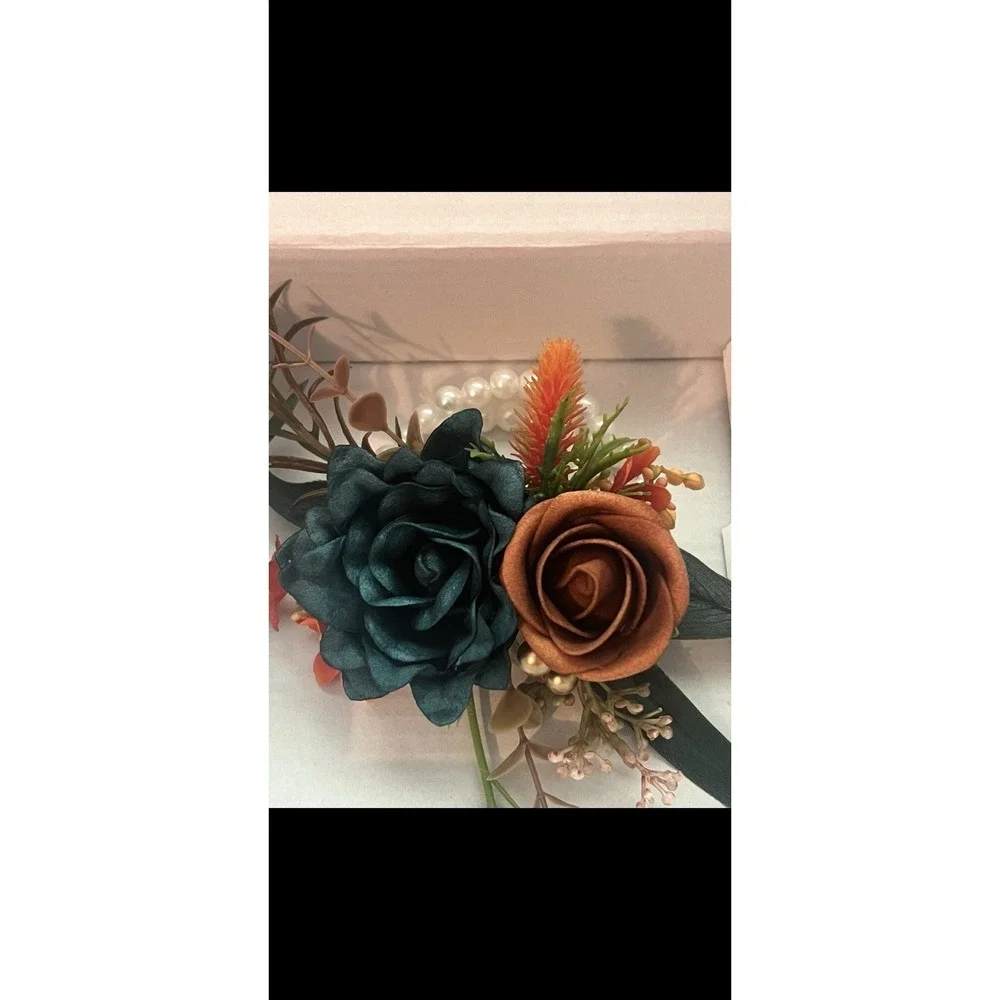 Teal Rust Orange Floral Wrist Corsage Wedding Formal